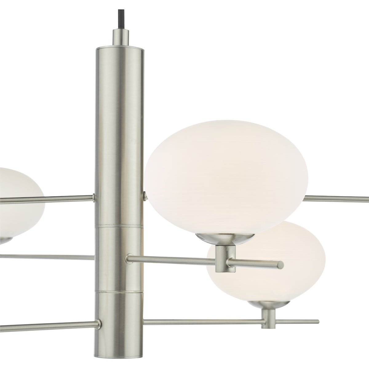 Close-up of a brushed nickel chandelier with multiple white globe lights.