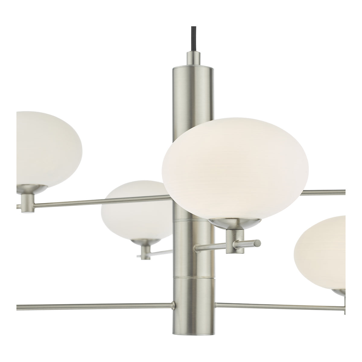 Close-up of a modern chandelier with brushed nickel finish and spherical white glass shades.