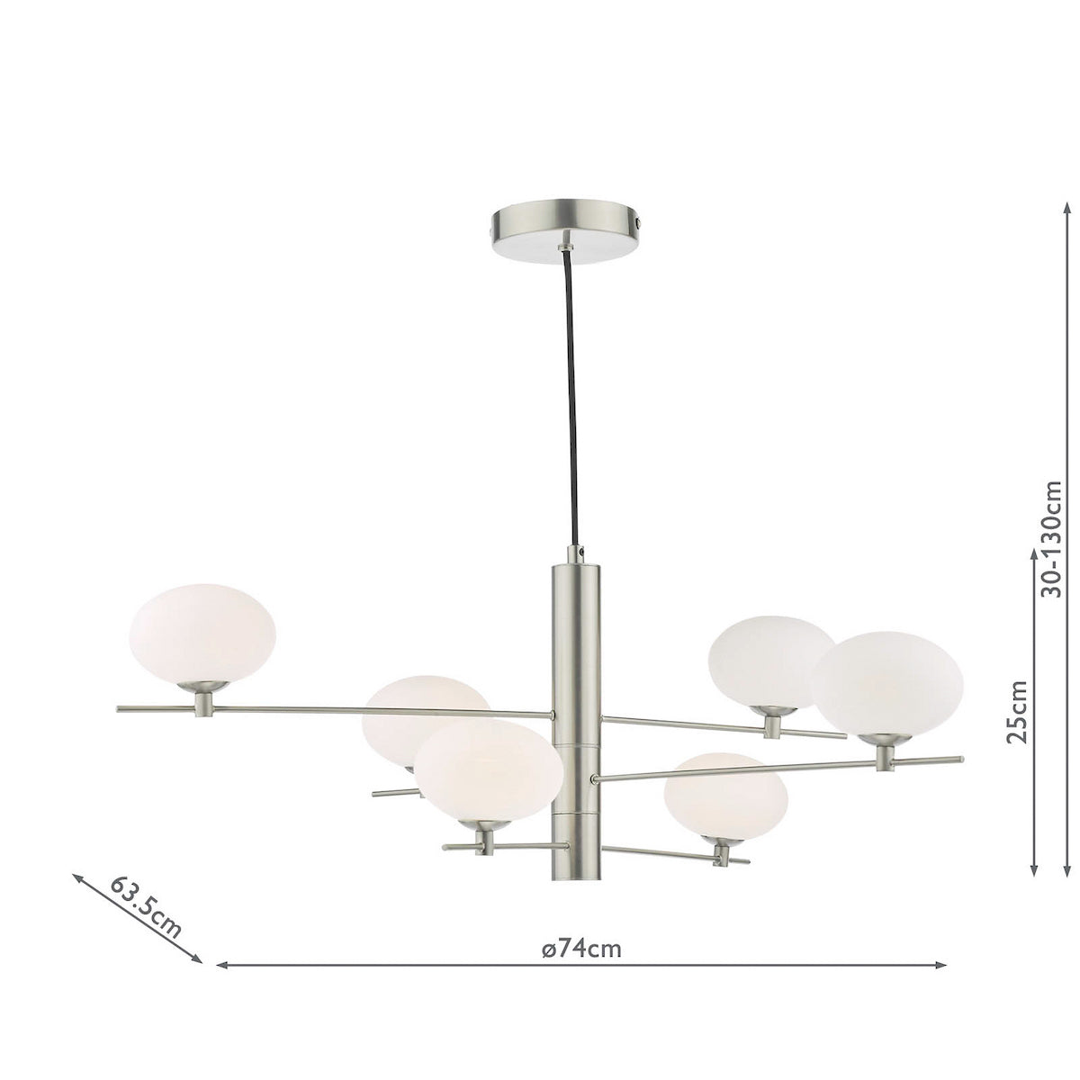Modern brushed steel chandelier with six spherical white glass shades and dimensions.