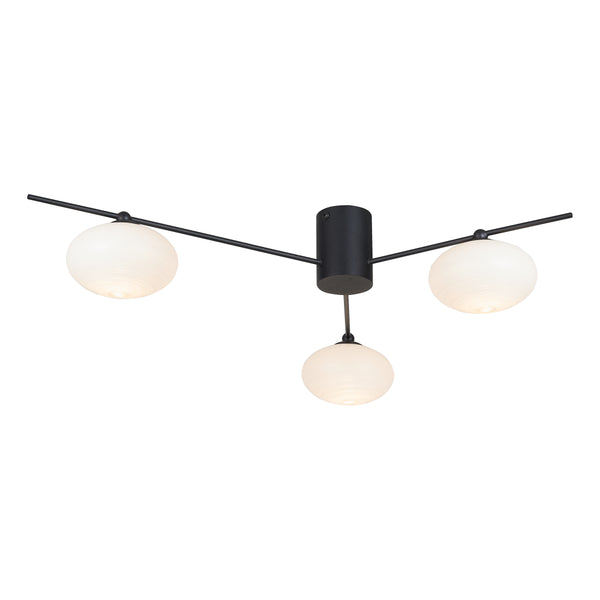 Jasper 3 Light Semi Flush Fitting In Matt Black With Opal Glass Shades