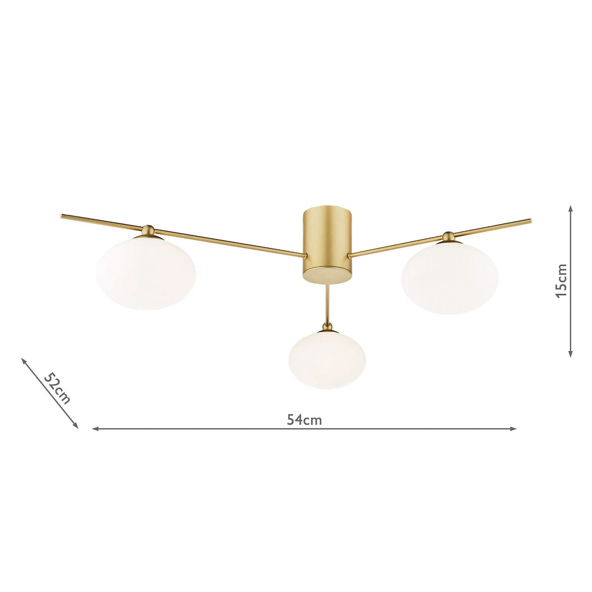 Gold ceiling light with three white globe shades, showing dimensions of 54cm width and 15cm height.