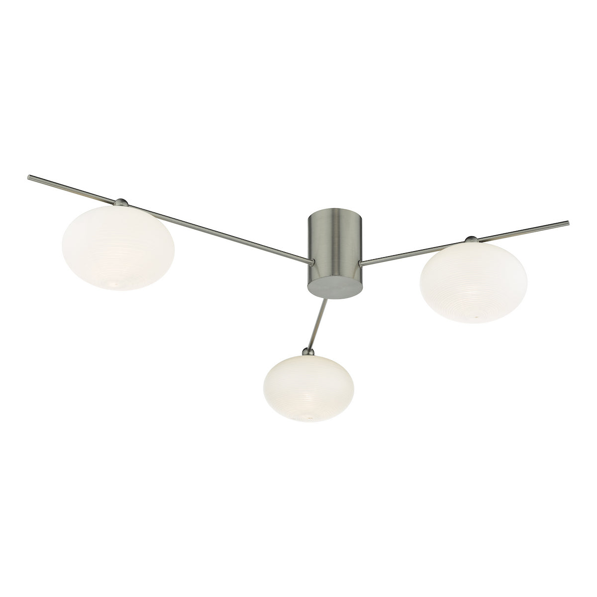 Modern ceiling light with three white globe shades and brushed nickel arms.