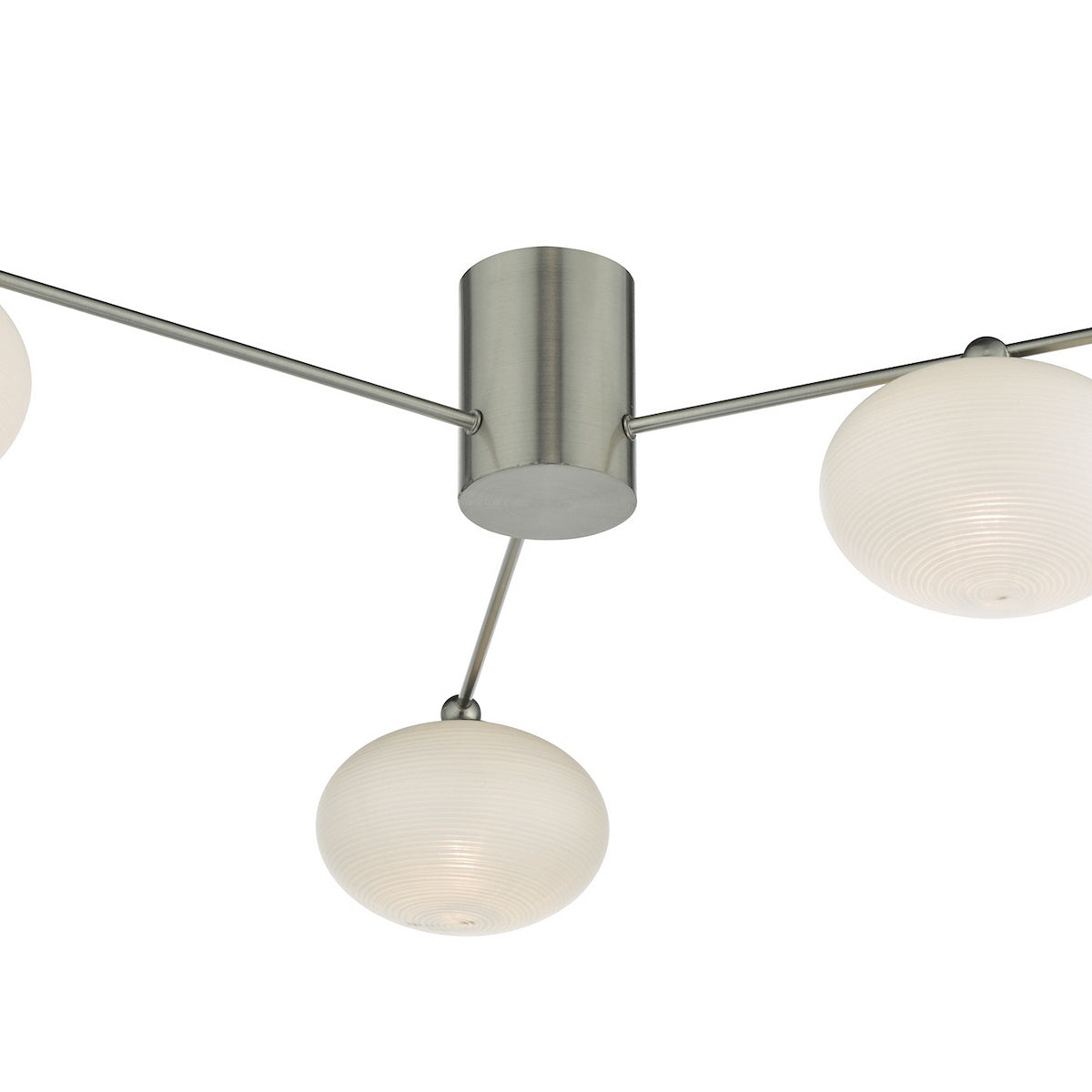Brushed steel ceiling light with three white, ribbed, spherical shades.