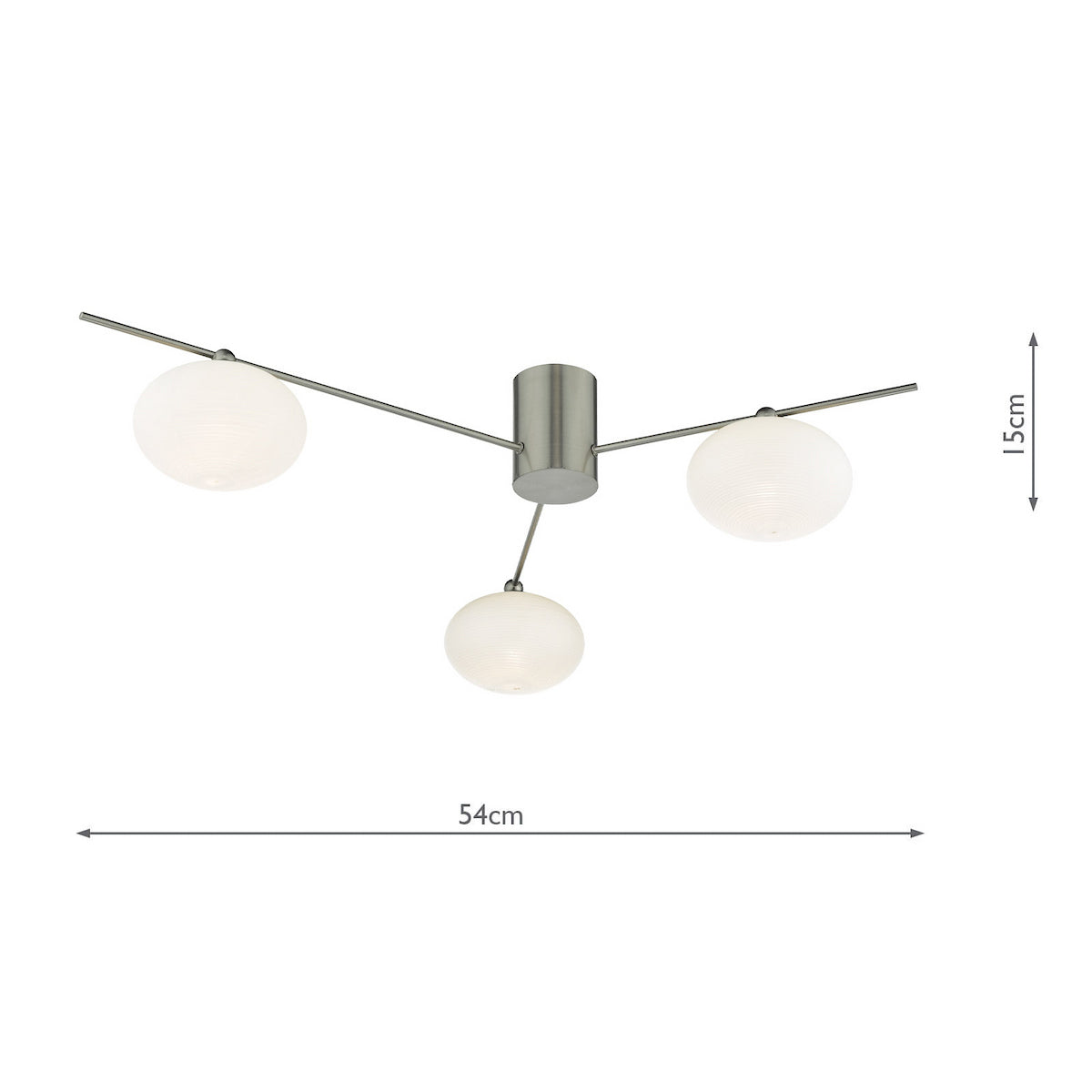 Brushed steel ceiling light with three white globe shades, 54cm wide and 15cm high.