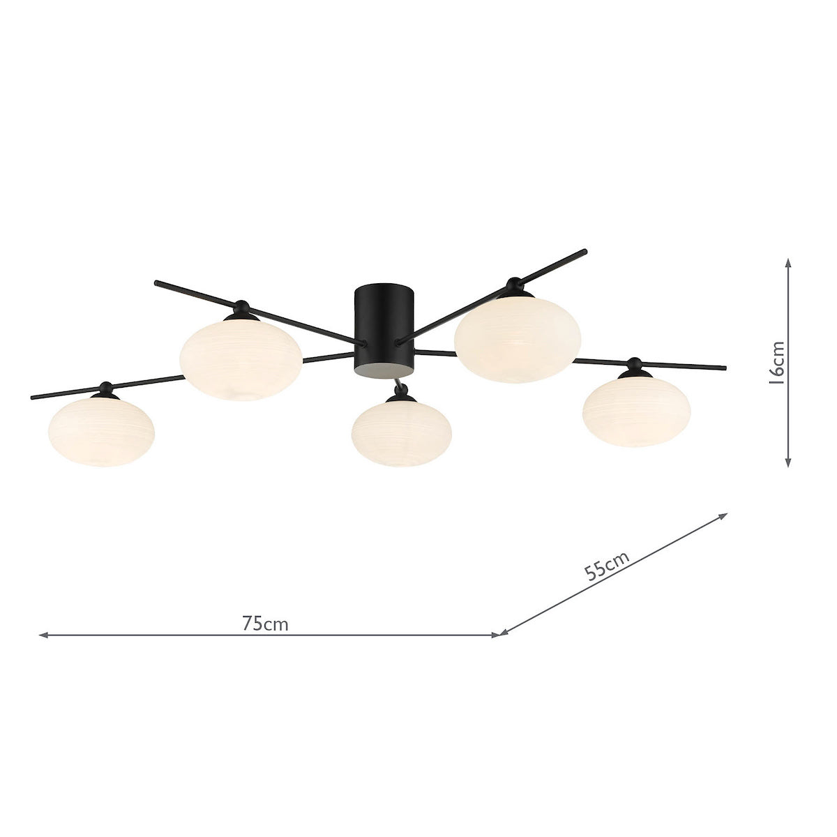Black ceiling light with five white globe shades, showing dimensions of 75cm width, 55cm depth, and 16cm height.