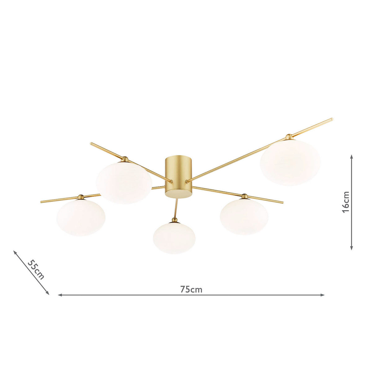 Modern gold ceiling light with five white globe shades, showing dimensions of 75cm width, 55cm depth, and 16cm height.