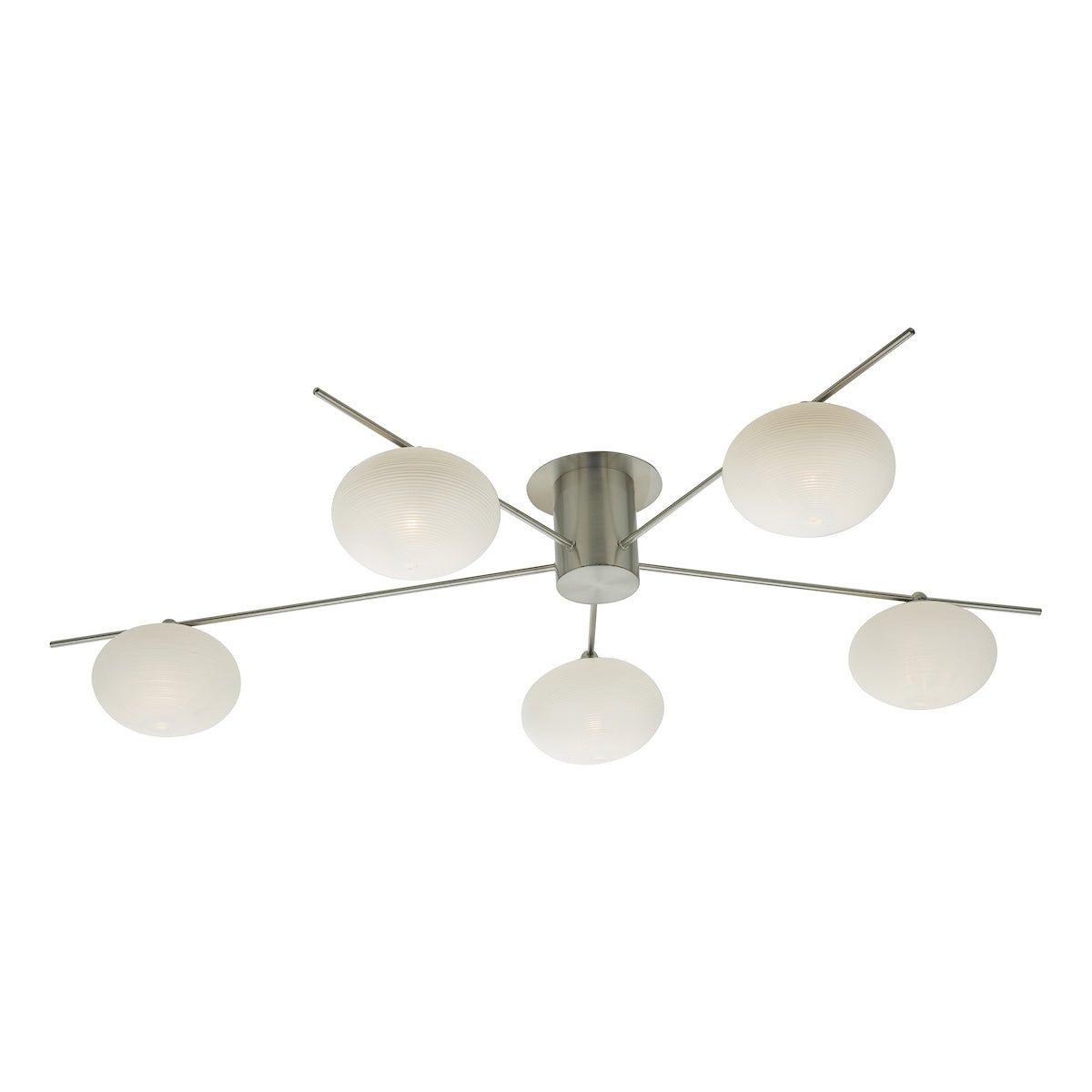 Modern ceiling light with five white spherical shades on brushed metal arms.