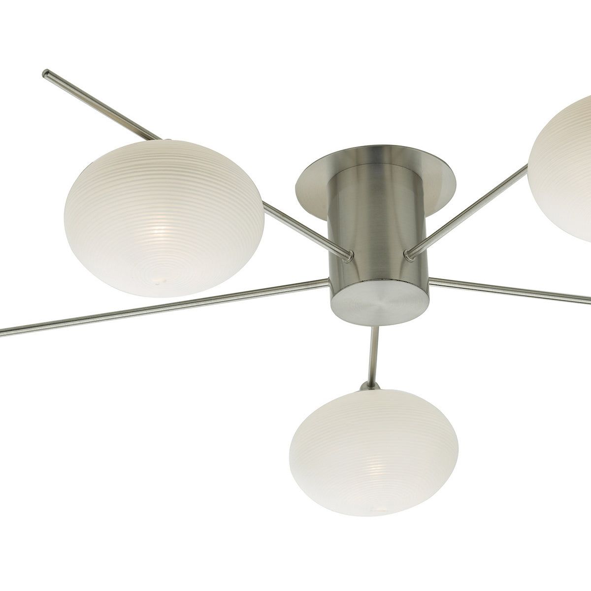 Modern ceiling light with brushed nickel finish and four frosted glass globe shades.