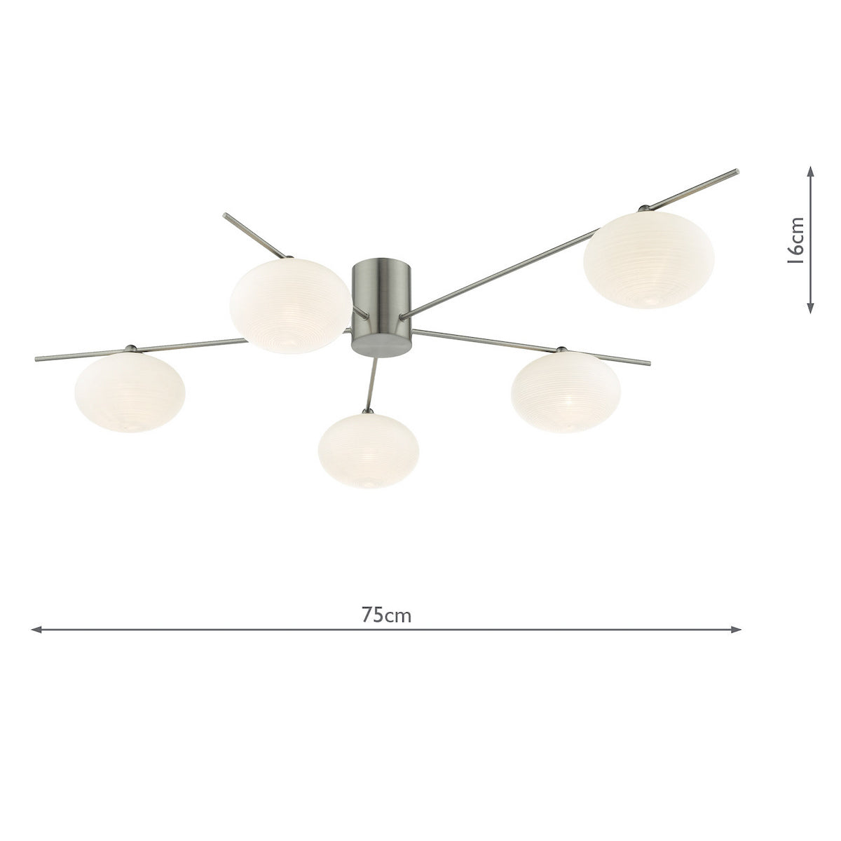Brushed steel ceiling light with five white spherical shades, 75cm wide and 16cm high.
