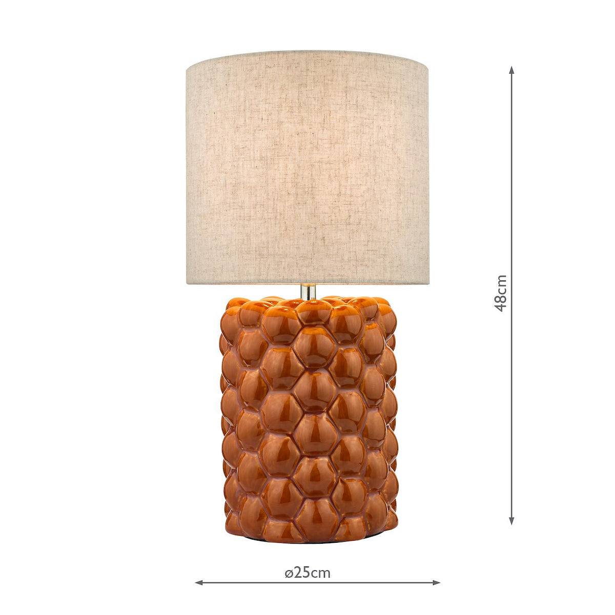 Orange ceramic table lamp with a textured honeycomb base and a light fabric shade. It is 48cm tall and 25cm wide.