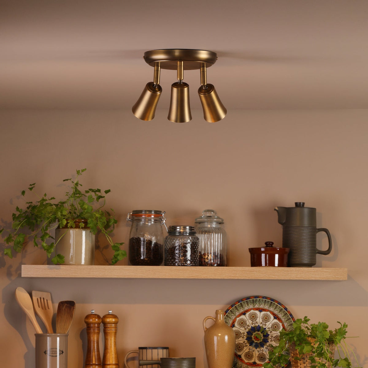 Jedrek Three Spot Round Adjustable Spotlight in Aged Brass