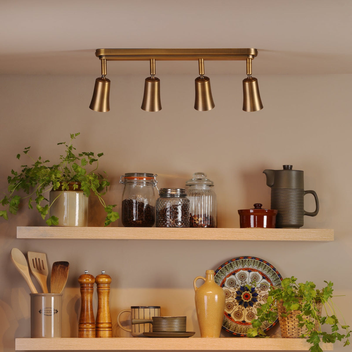 Jedrek Four Spot Adjustable Bar Spotlight in Aged Brass