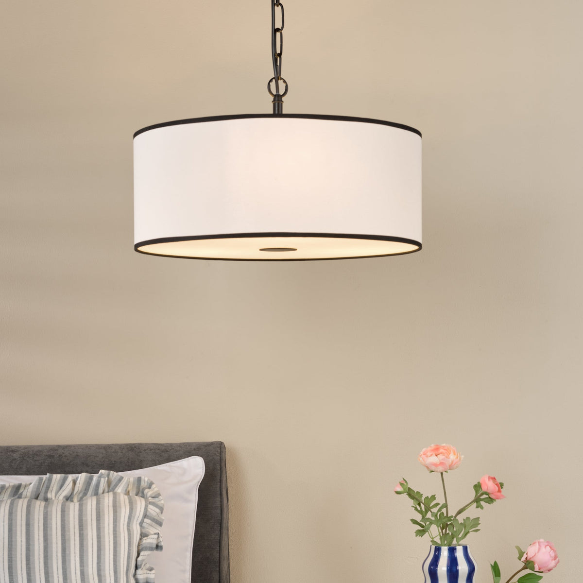 Jemima Three Light Pendant in Matt Black with White Linen Shade with Black Trim
