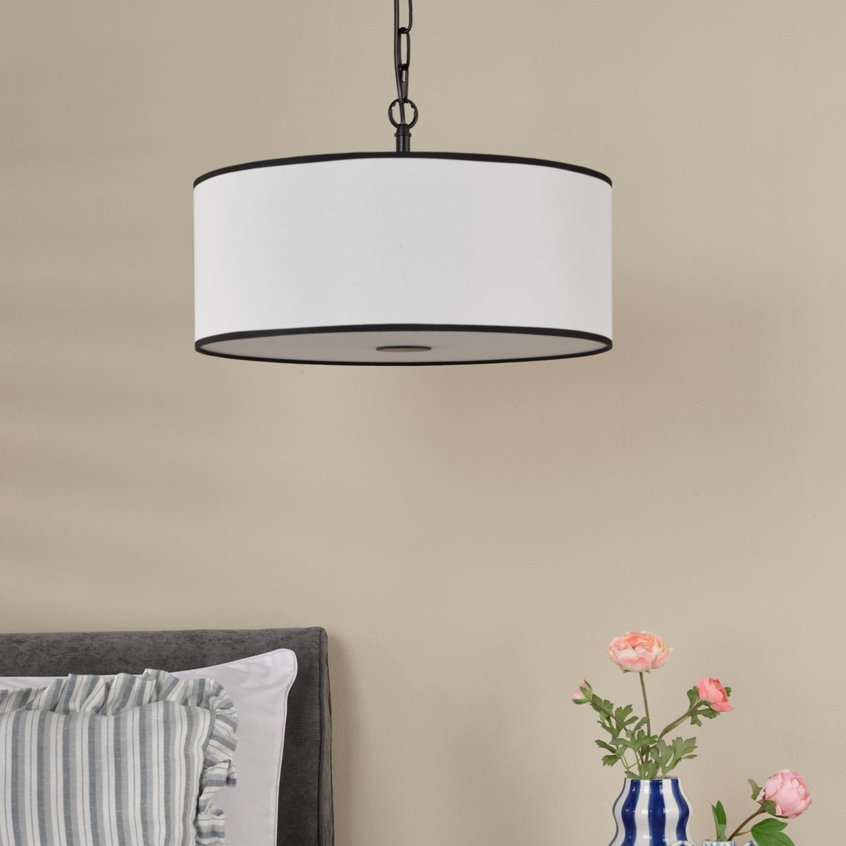 Jemima Three Light Pendant in Matt Black with White Linen Shade with Black Trim