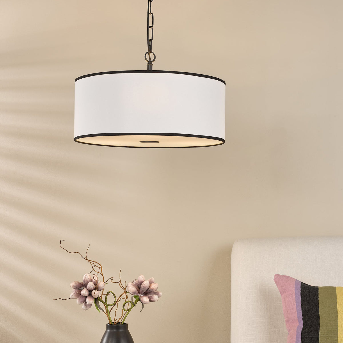 Jemima Three Light Pendant in Matt Black with White Linen Shade with Black Trim