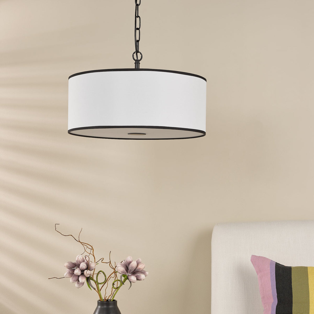 Jemima Three Light Pendant in Matt Black with White Linen Shade with Black Trim