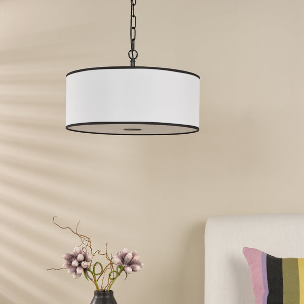Jemima Three Light Pendant in Matt Black with White Linen Shade with Black Trim