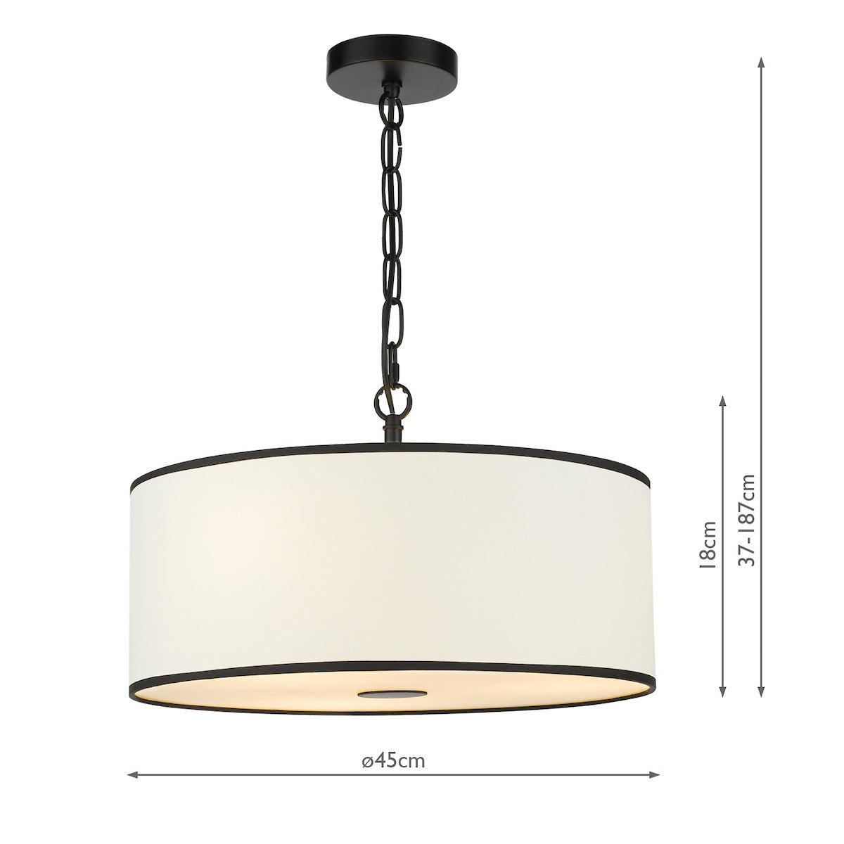 Jemima Three Light Pendant in Matt Black with White Linen Shade with Black Trim