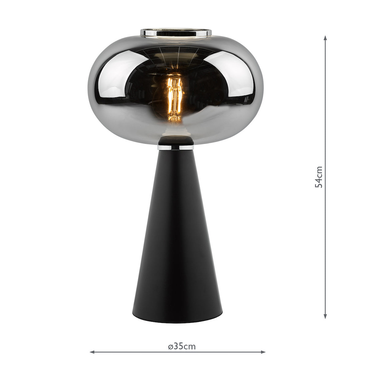 Black conical base table lamp with a chrome spherical shade and exposed filament bulb.