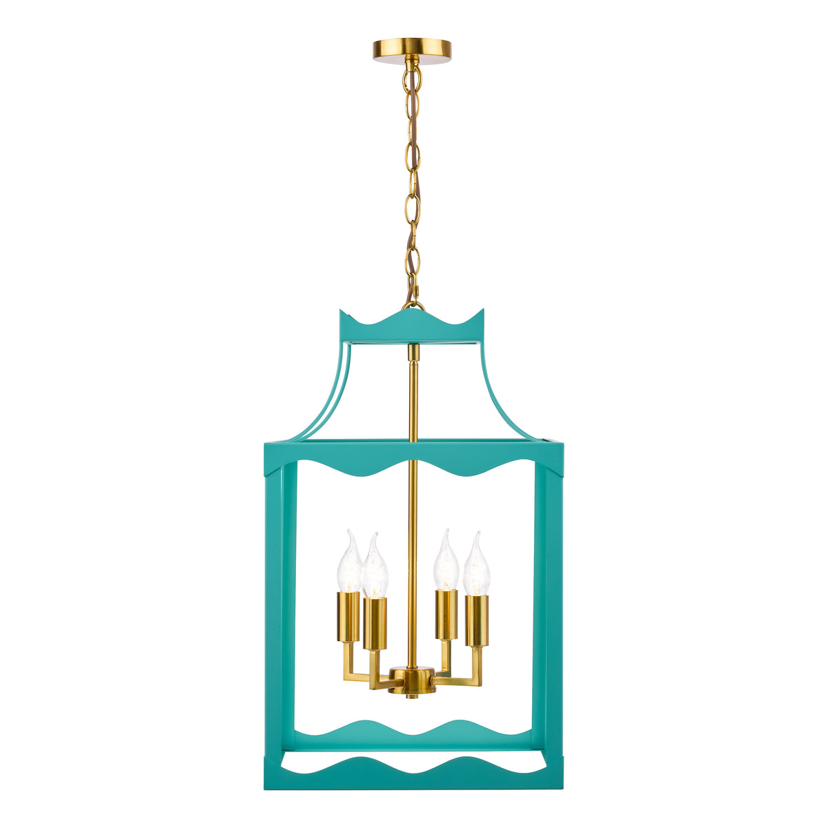 Jinele Pendant Lantern in Natural Brass & Satin Eau De Nil Blue