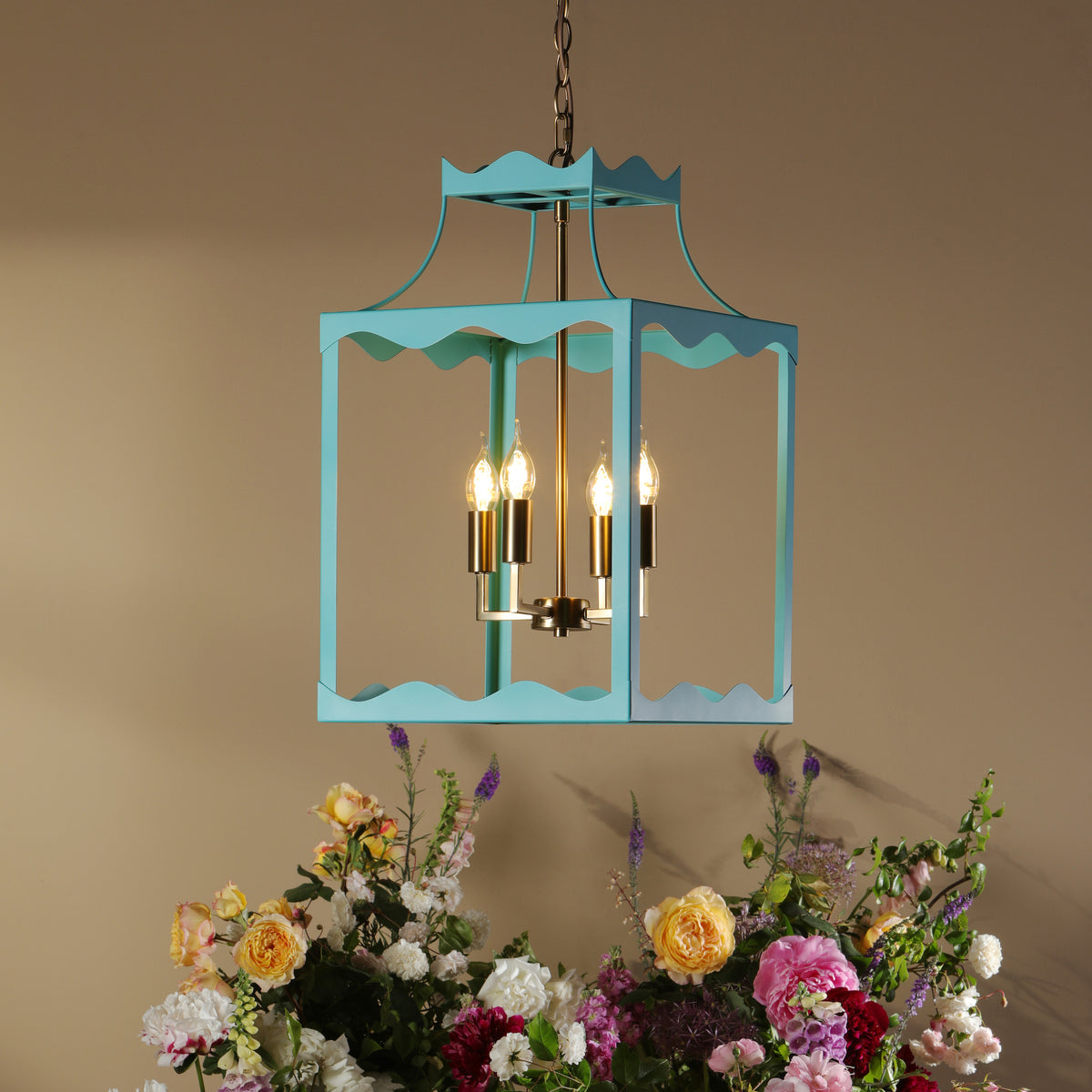 Jinele Pendant Lantern in Natural Brass & Satin Eau De Nil Blue