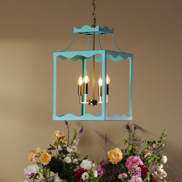 Jinele Pendant Lantern in Natural Brass & Satin Eau De Nil Blue