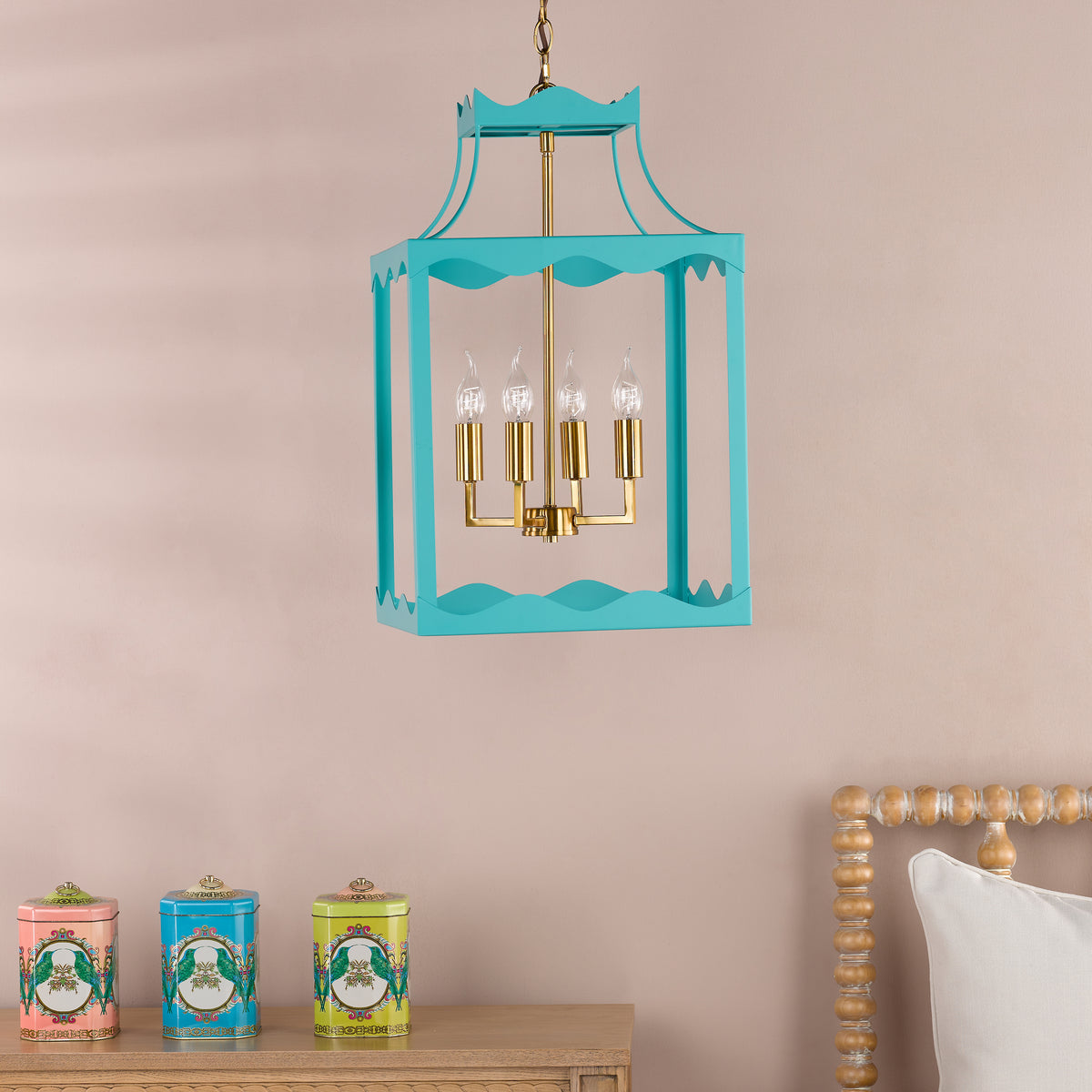 Jinele Pendant Lantern in Natural Brass & Satin Eau De Nil Blue