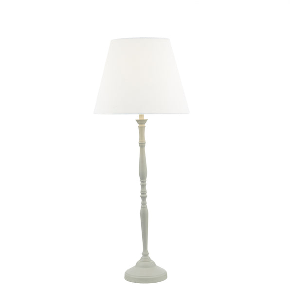 White floor lamp with a tapered shade and a turned, light gray base.