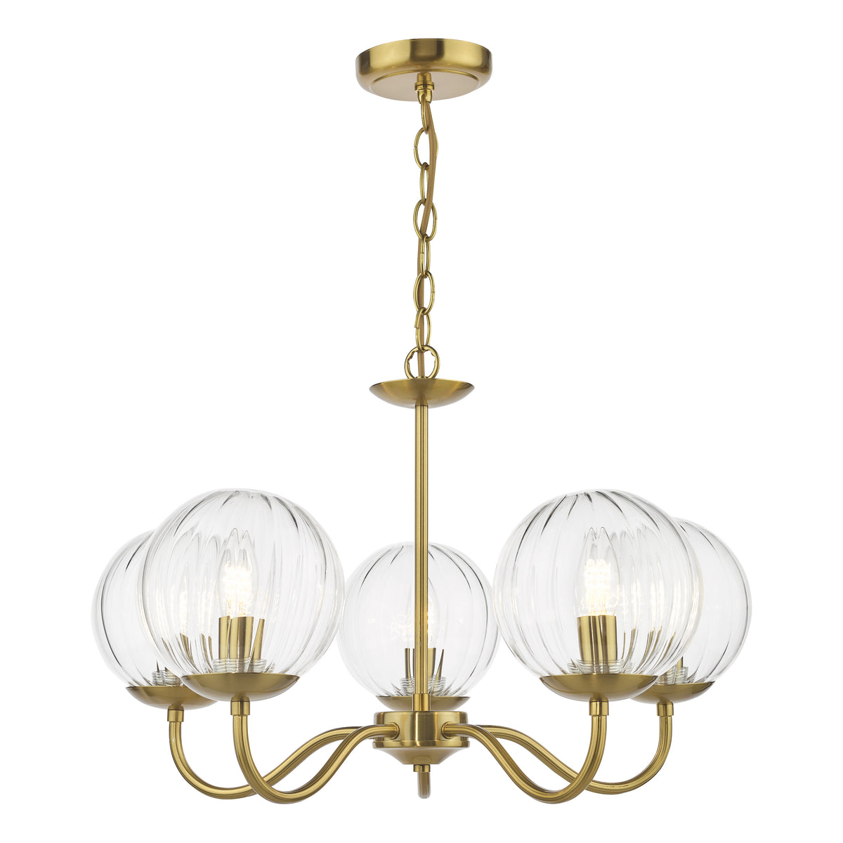 Brass chandelier with five ribbed glass globe shades