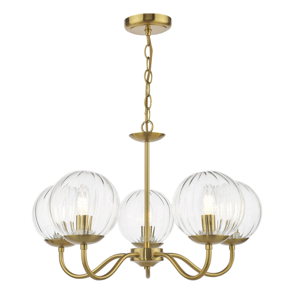 Jocelyn Five Light Armed Pendant Chandelier in Natural Brass with Glass Globes