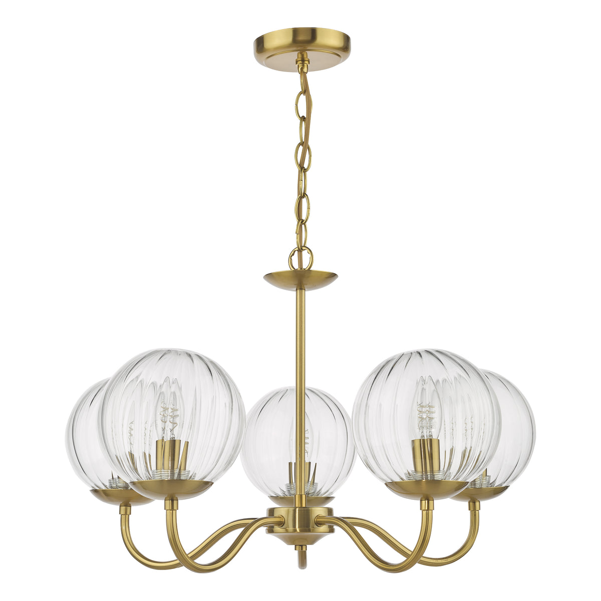 Gold chandelier with five clear, ribbed glass globes