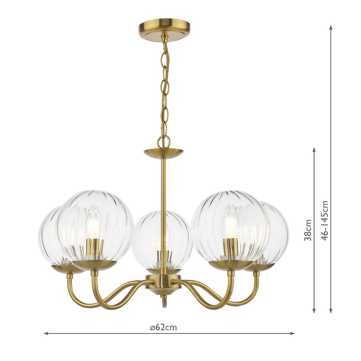 Brass chandelier with five ribbed glass globe shades and dimensions