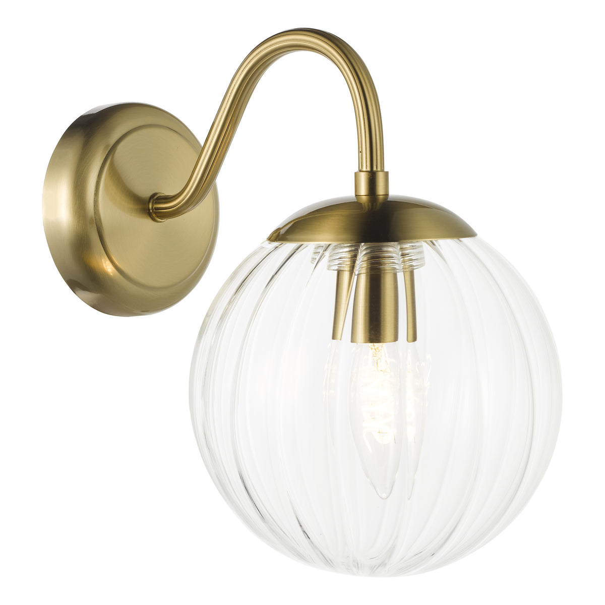Brass wall light with a curved arm and a ribbed clear glass globe shade