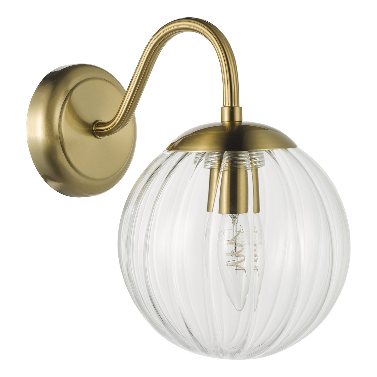 Brass wall light with a curved arm holding a ribbed clear glass globe shade and an exposed filament bulb