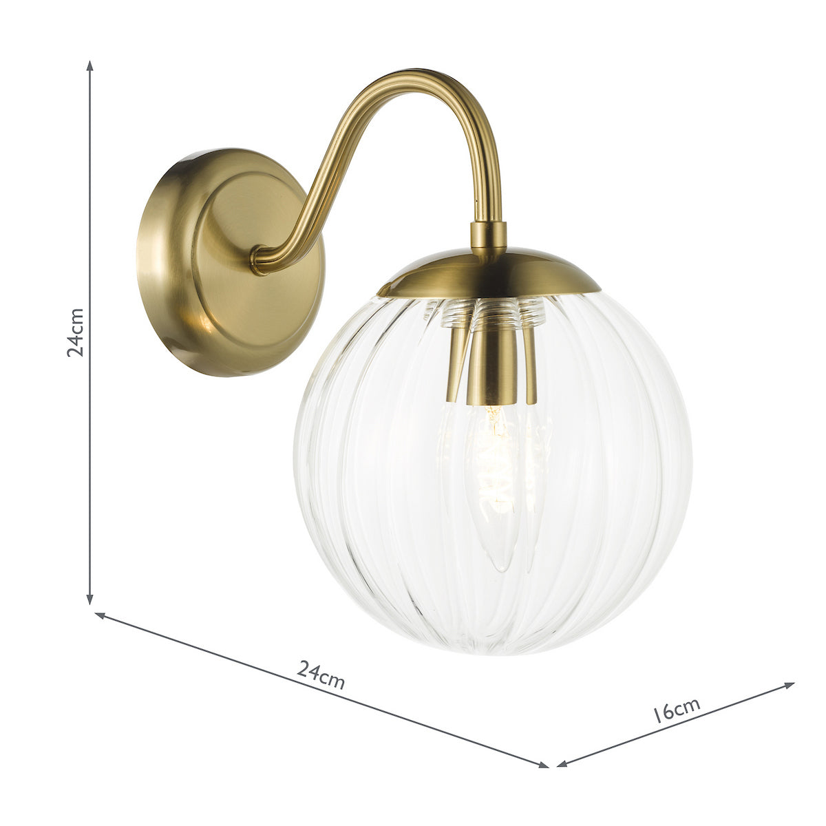 Brass wall light with a ribbed glass globe shade and visible dimensions