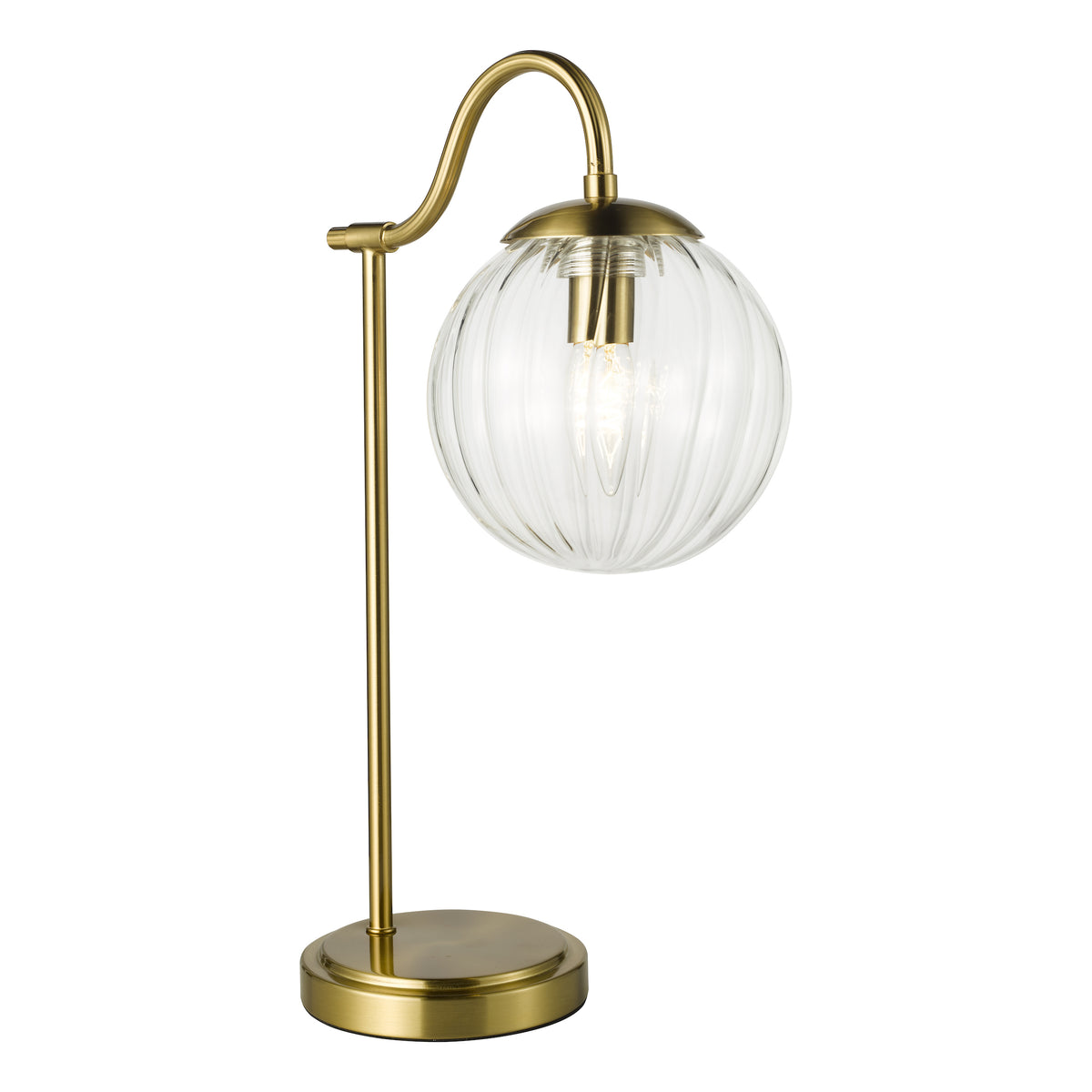 Brass table lamp with a curved arm and a ribbed clear glass globe shade