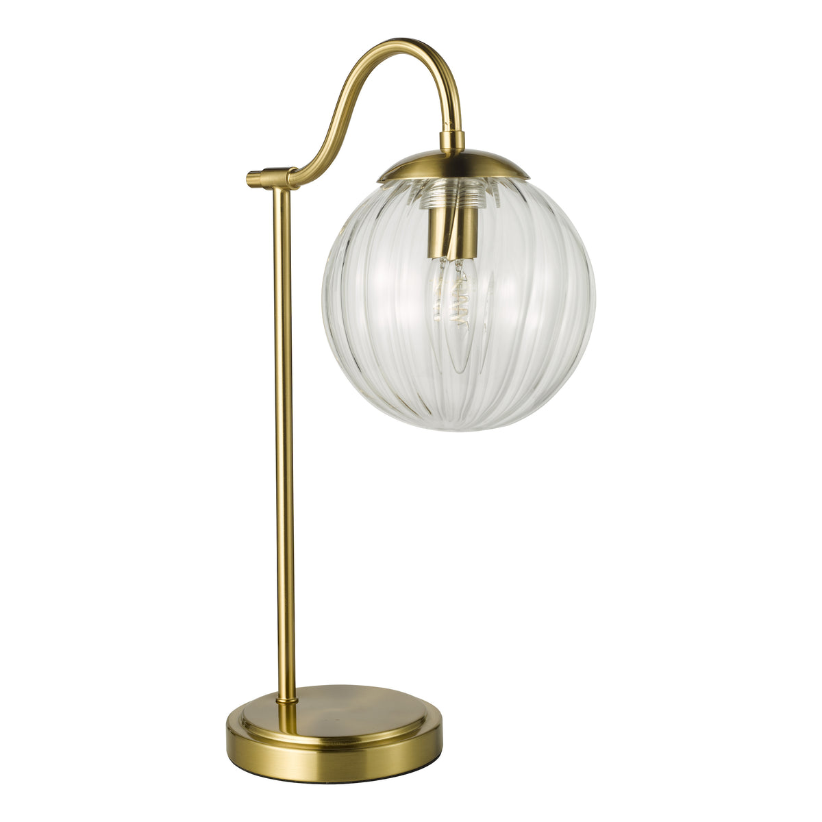 Brass table lamp with a curved arm holding a ribbed glass globe shade
