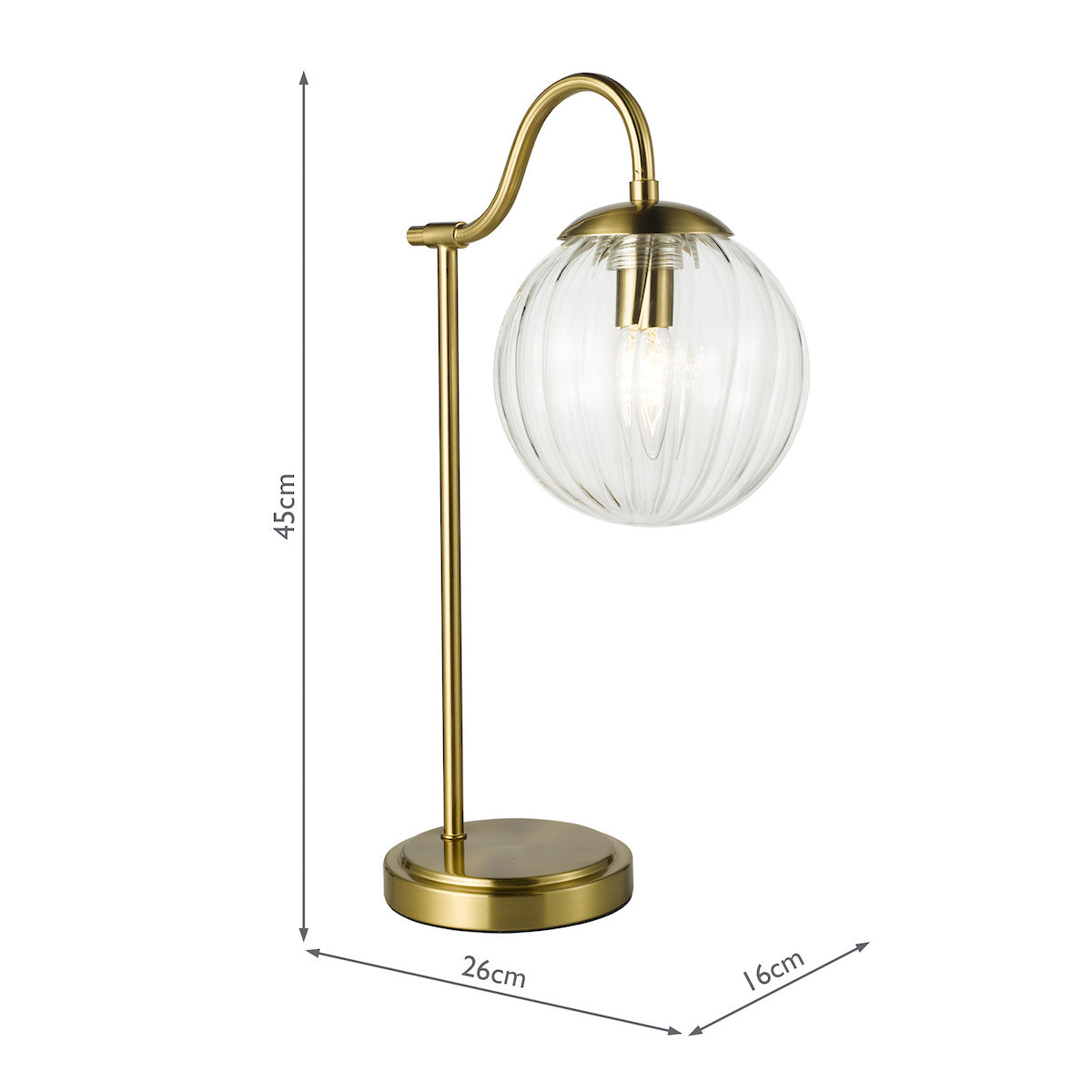 Brass table lamp with a ribbed glass globe shade and dimensions of 45cm height, 26cm width, 16cm depth