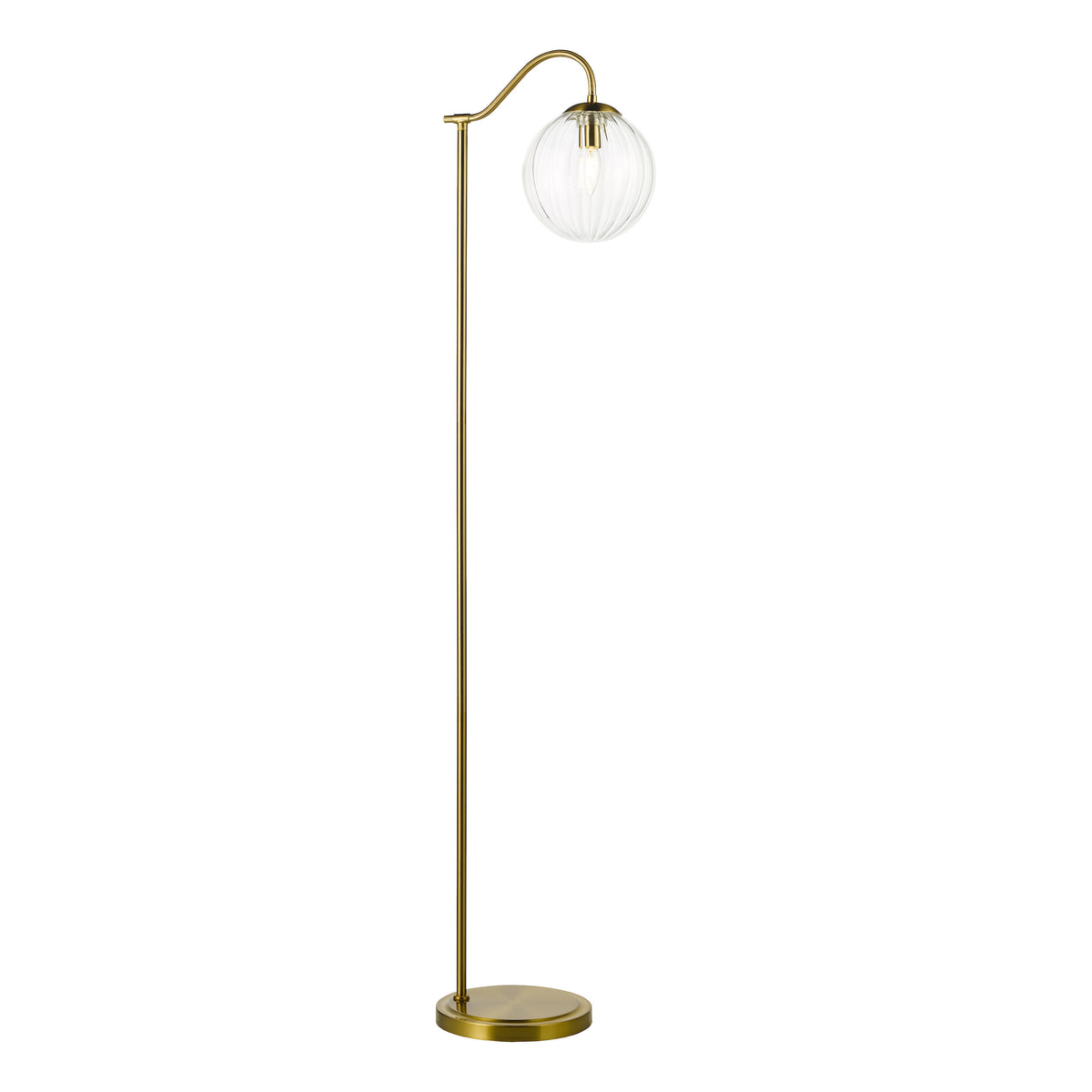 Brass floor lamp with a curved arm and a ribbed clear glass globe shade