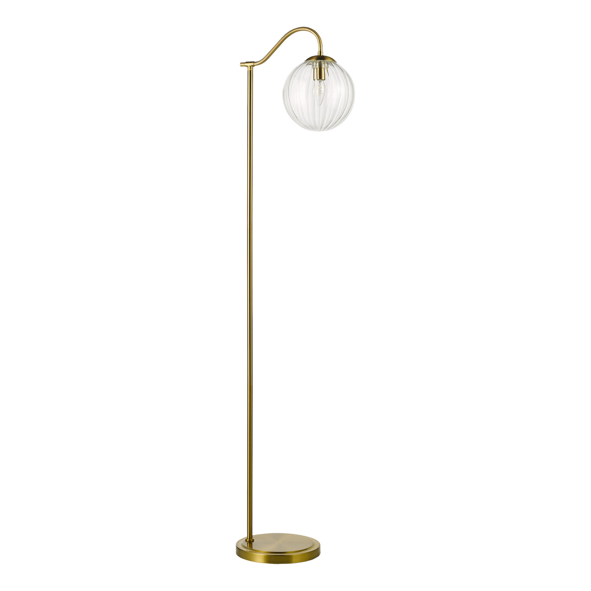 Brass floor lamp with a curved arm and a ribbed clear glass globe shade