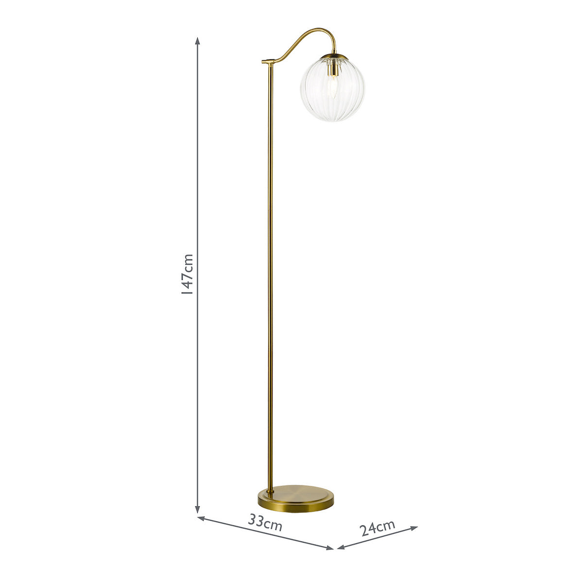 Brass floor lamp with a clear fluted glass globe shade and dimensions of 147cm height, 33cm width, 24cm depth