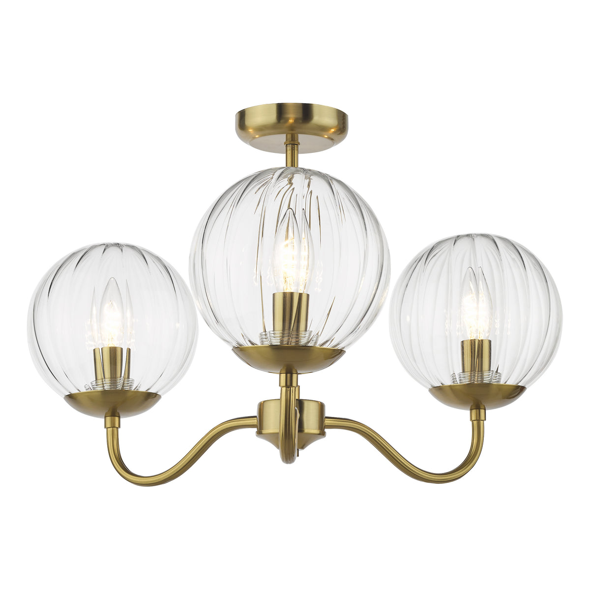 Three light chandelier with ribbed glass shades and brass finish