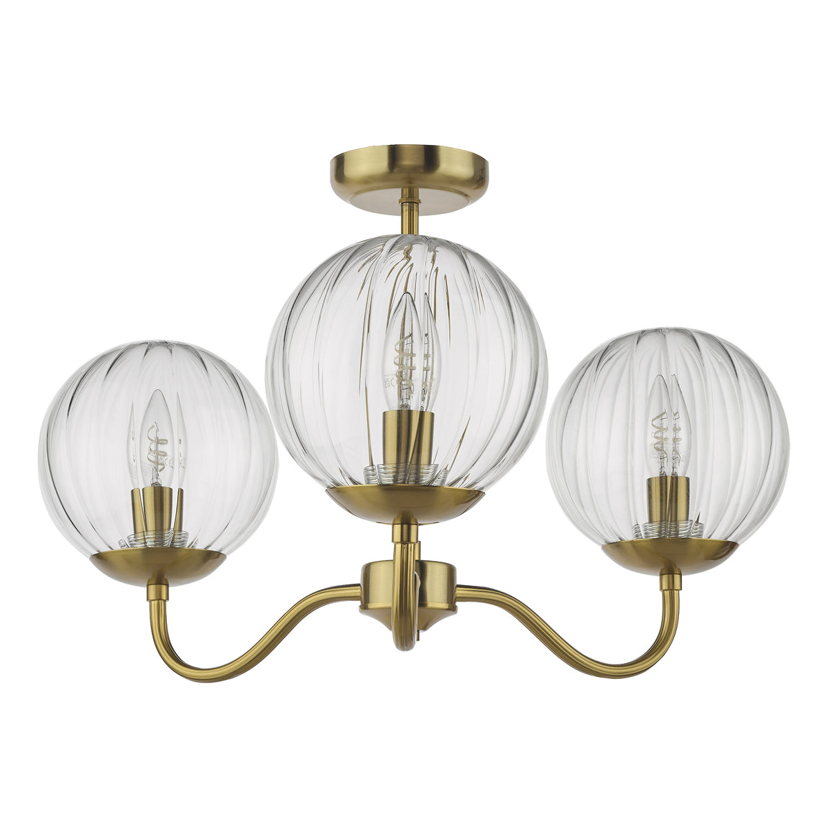 Brass ceiling light with three clear fluted glass globe shades