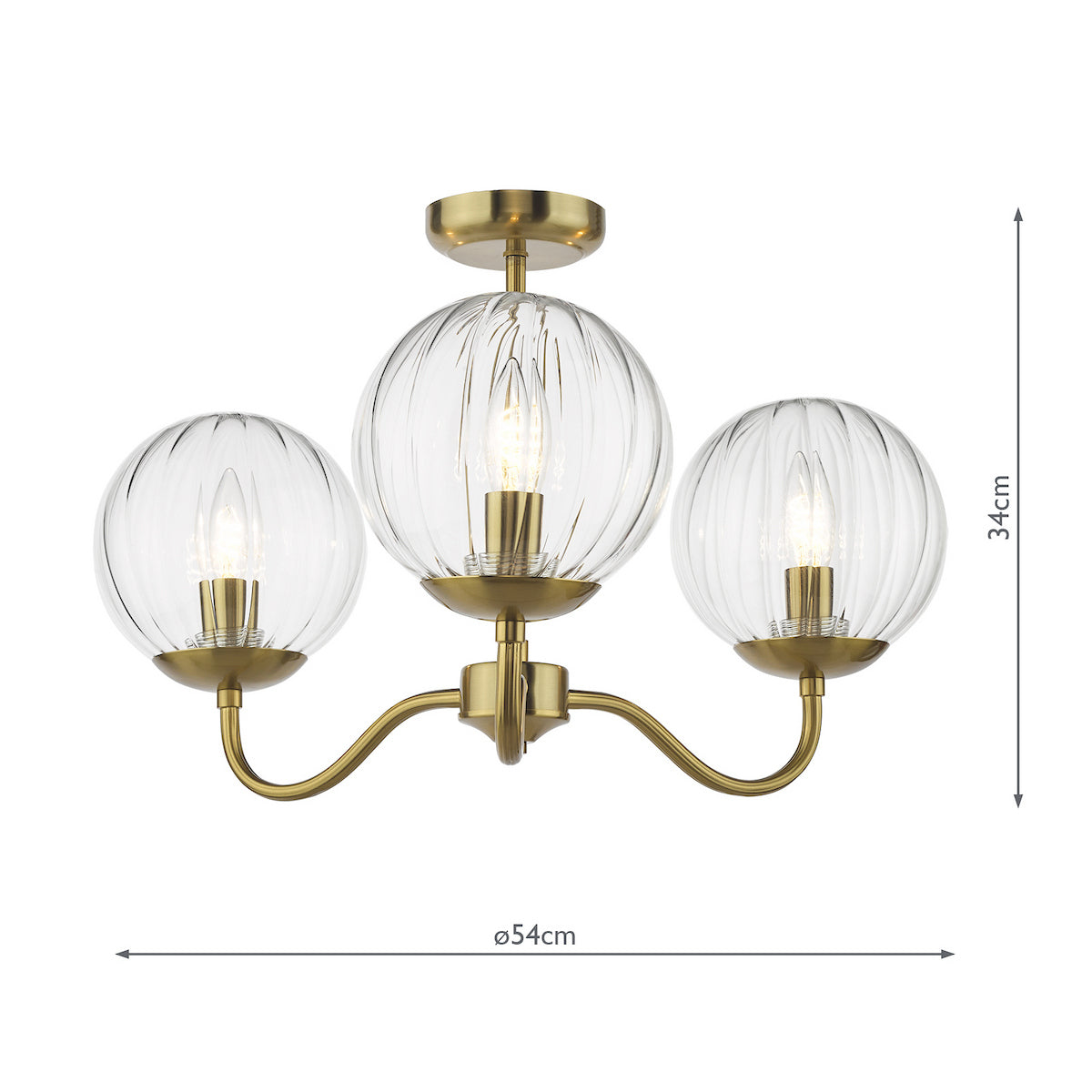 Three light ceiling fitting with ribbed glass shades and brass finish