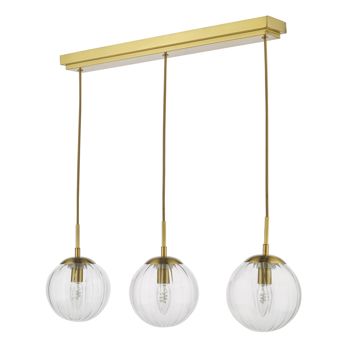 Three clear ribbed glass globe pendant lights with brass fittings and a rectangular brass ceiling bar
