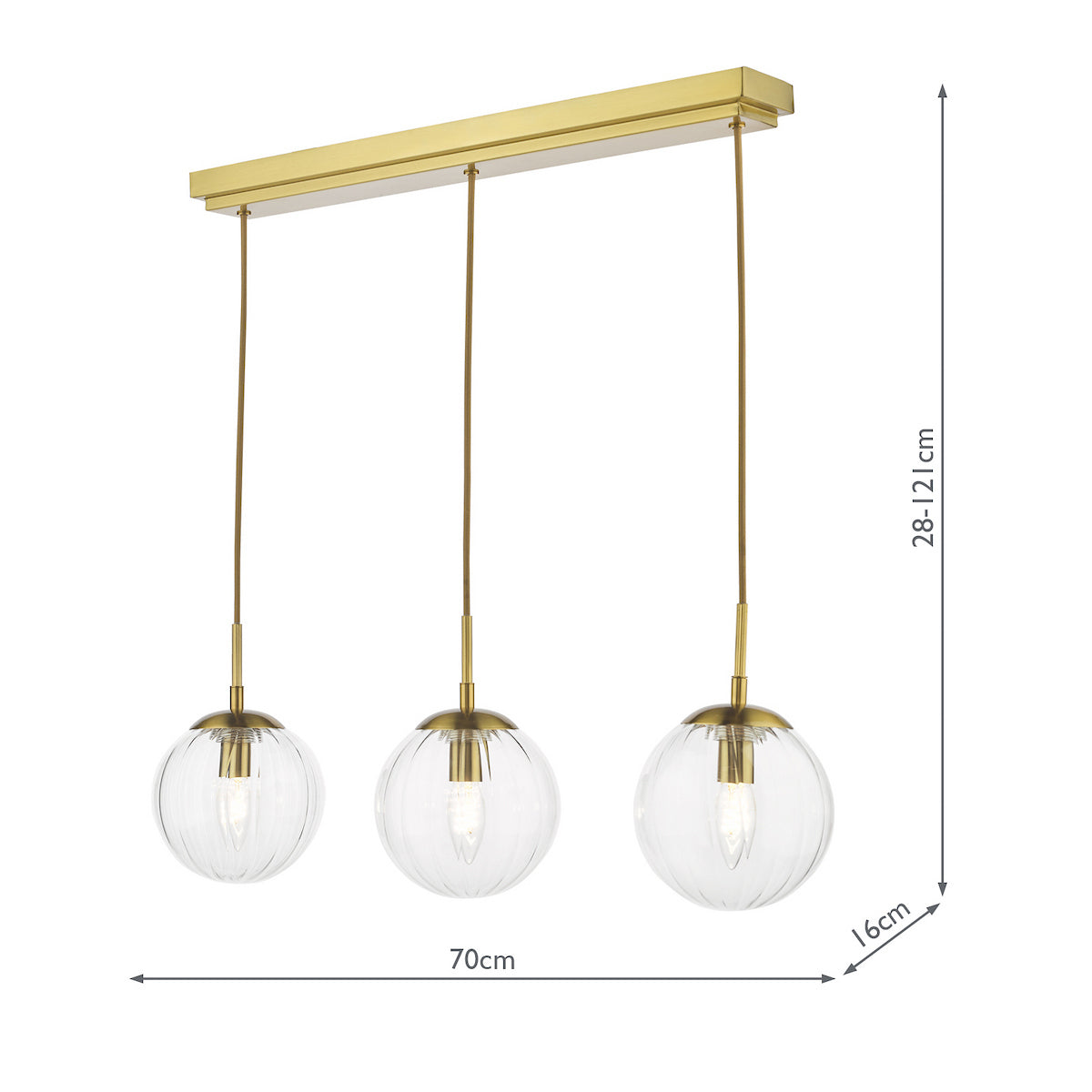 Three clear glass globe pendant lights with brass fittings on a rectangular brass bar