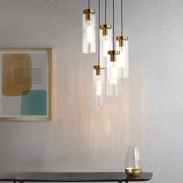Jodelle 5 Light Cluster Pendant In Polished Bronze With Ribbed Clear Glass Shades