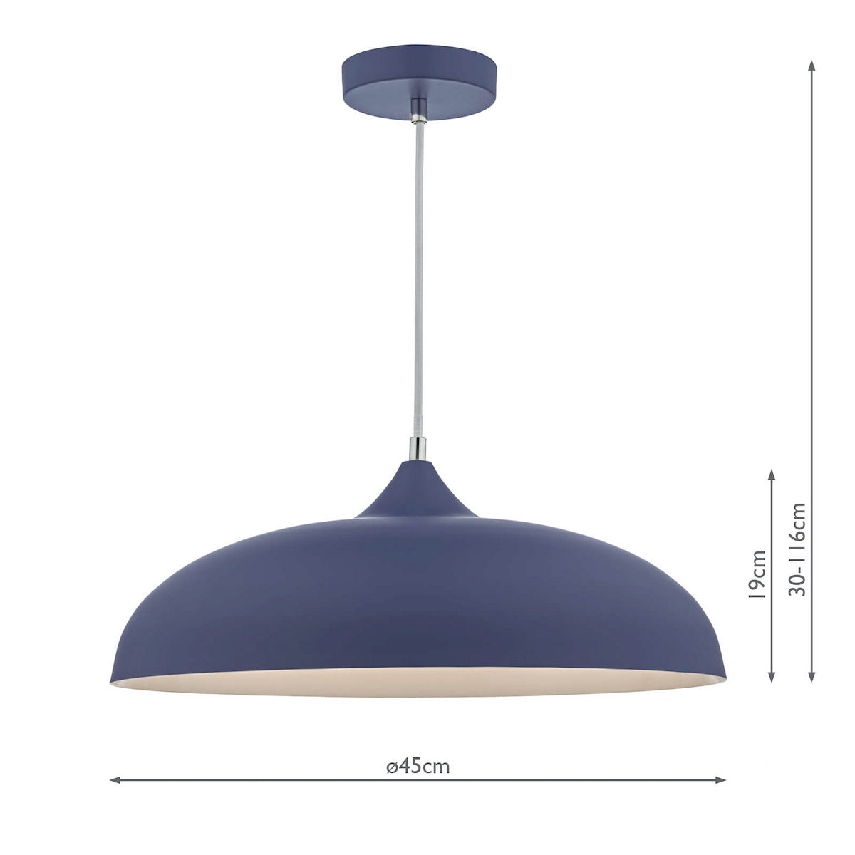 Blue pendant light with a wide, domed shade and a white interior, showing dimensions.