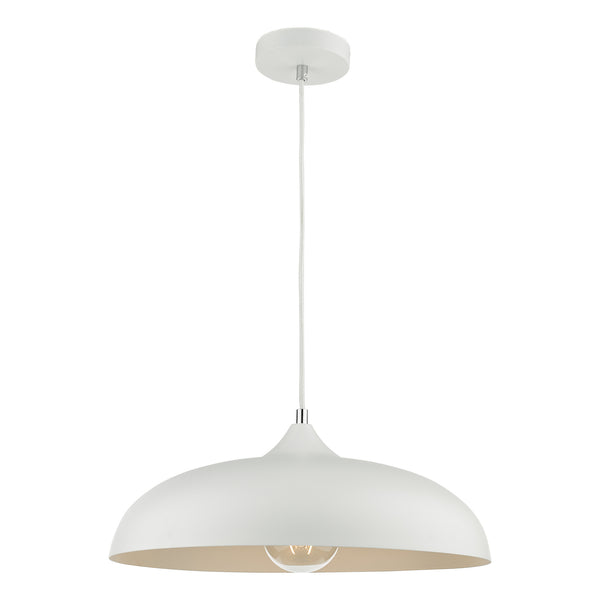 White dome pendant light with a visible bulb, hanging from a white cord and ceiling mount.