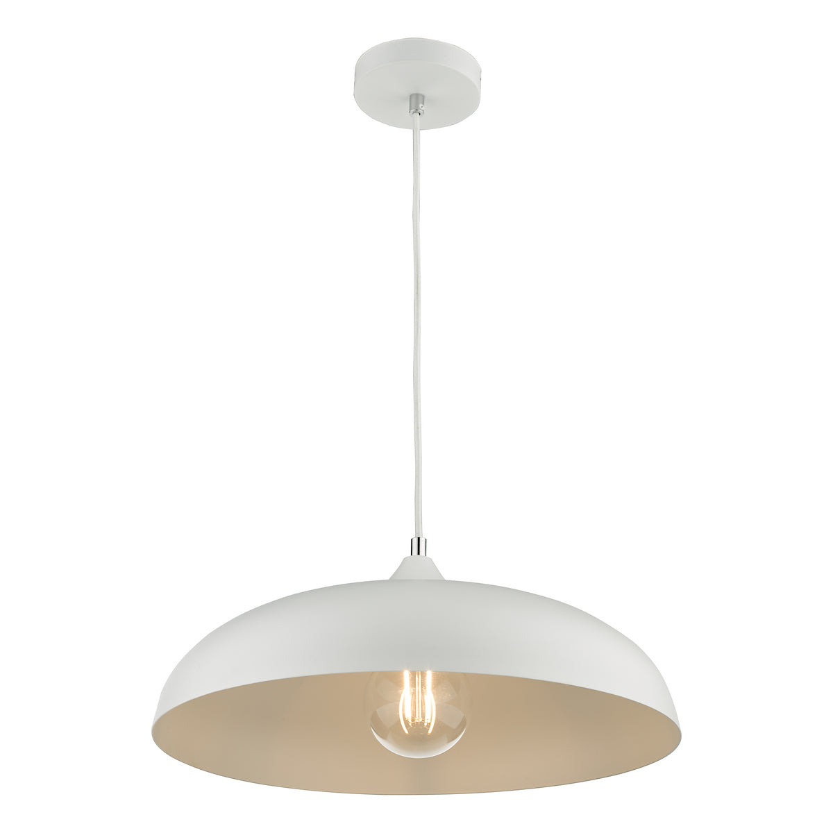 White pendant light with a wide, shallow dome shade and an exposed bulb.